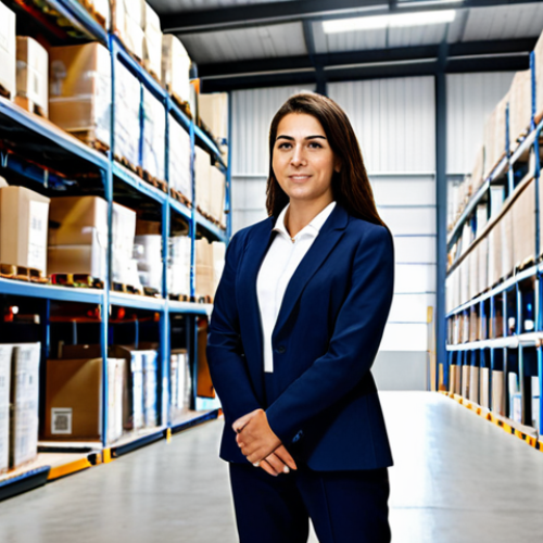 A professional female logistics manager in a modest business suit, standing confidently in a large, modern logistics warehouse in Portugal. Organized shelves of goods rise behind her, and in the background, a team efficiently loads goods onto a truck with a Portuguese license plate. A digital screen on the wall displays optimized domestic transportation routes across Portugal. Fully clothed, appropriate attire, safe for work, perfect anatomy, correct proportions, natural pose, professional photography, high quality, modest clothing, family-friendly, well-formed hands, proper finger count, natural body proportions, professional.