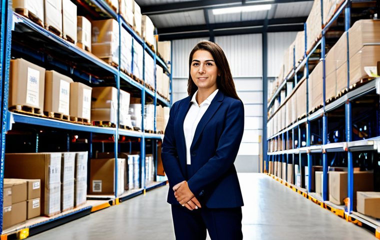 A professional female logistics manager in a modest business suit, standing confidently in a large, modern logistics warehouse in Portugal. Organized shelves of goods rise behind her, and in the background, a team efficiently loads goods onto a truck with a Portuguese license plate. A digital screen on the wall displays optimized domestic transportation routes across Portugal. Fully clothed, appropriate attire, safe for work, perfect anatomy, correct proportions, natural pose, professional photography, high quality, modest clothing, family-friendly, well-formed hands, proper finger count, natural body proportions, professional.