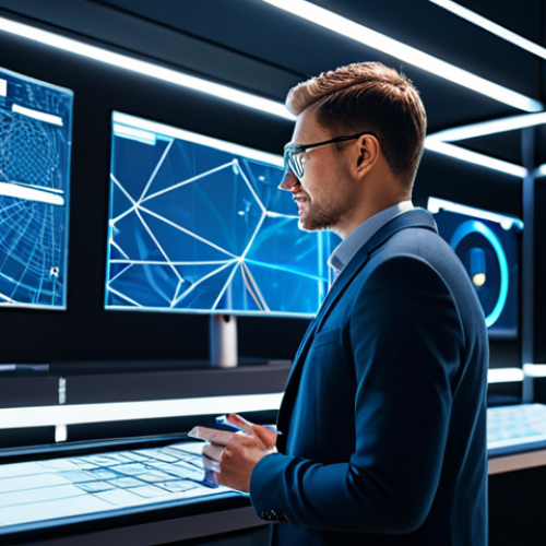 A professional logistics manager, fully clothed in a modest business suit, stands confidently in a high-tech global operations center. In the background, a large interactive screen displays a dynamic global supply chain map, subtly incorporating elements like shipping routes, warehouses, and urban last-mile delivery points. The scene conveys complexity, strategic planning, and resilience. Perfect anatomy, correct proportions, natural pose, well-formed hands, proper finger count, natural body proportions. Professional photography, high quality, safe for work, appropriate content, appropriate attire, professional dress.