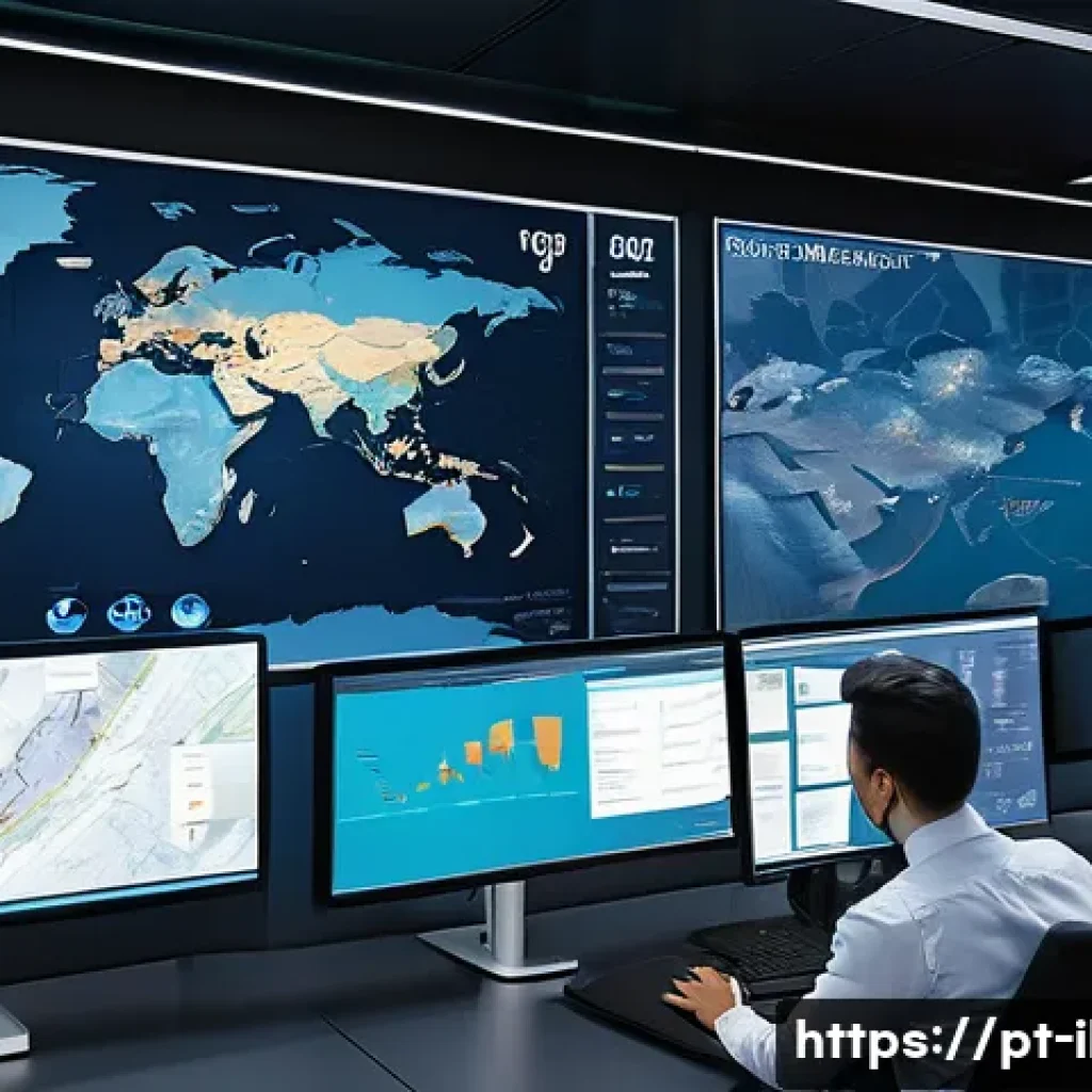 국제물류 비용 절감 방안 - A detailed logistics control room featuring large digital screens displaying real-time tracking maps...