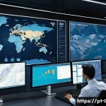 국제물류 비용 절감 방안 - A detailed logistics control room featuring large digital screens displaying real-time tracking maps...