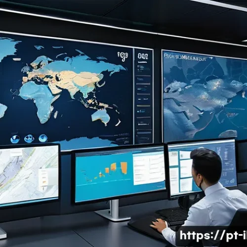 국제물류 비용 절감 방안 - A detailed logistics control room featuring large digital screens displaying real-time tracking maps...