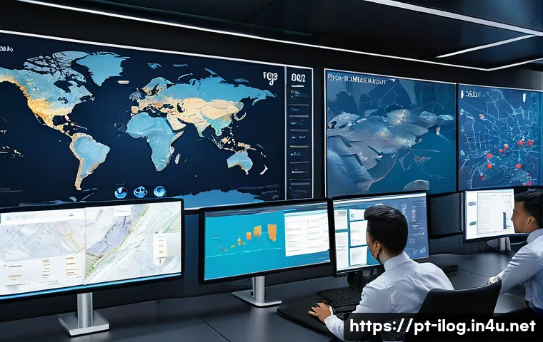 국제물류 비용 절감 방안 - A detailed logistics control room featuring large digital screens displaying real-time tracking maps...