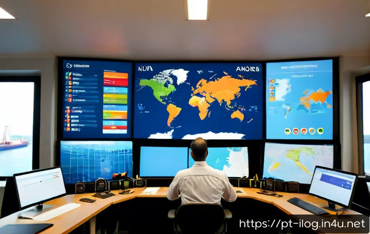 국제물류와 재고 관리 최적화 - Photorealistic international logistics control room in a modern Portuguese-speaking port city, diver...